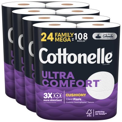 Cottonelle Ultra Comfort Toilet Paper with Cushiony CleaningRipples Texture, 24 Family Mega Rolls (24 Family Mega Rolls = 108 Regular Rolls) (4 Packs of 6), 325 Sheets per Roll
