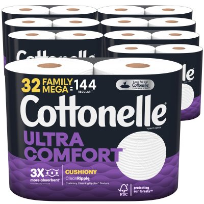 Cottonelle Ultra Comfort Toilet Paper with Cushiony CleaningRipples Texture, Strong Bath Tissue, 32 Family Mega Rolls (32 Family Mega Rolls = 144 Regular Rolls) (8 Packs of 4), 325 Sheets per Roll